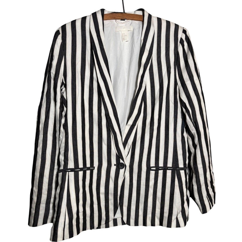 H&M Womens Black White Vertical Stripe Linen Blend Single Button Blazer‎ Size 8